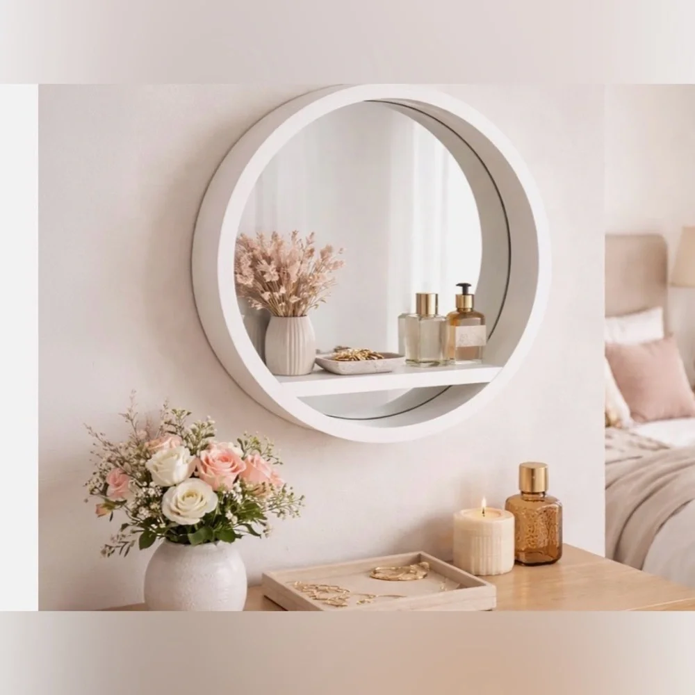 WHITE MIRROR GLASS  DISPLAY SHELF MODERN ROUND WALL UNIT BATHROOM BEDROOM